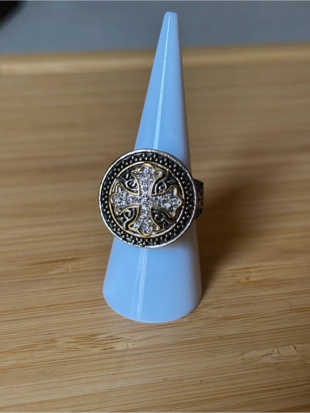 Two-Tone Sterling Silver Maltese Cross Signet Ring - 925 CZ Shield Size 7